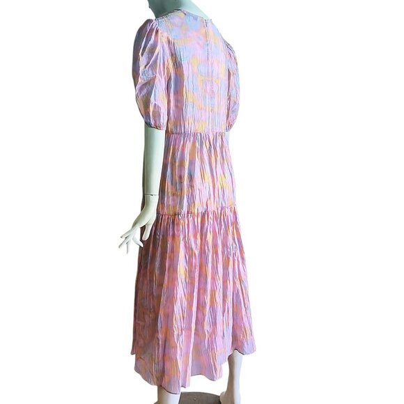 & OTHER STORIES Boho Coquette Puff Sleeve Semi Sheer Pastel Tiered Dress Sz 8 - Picture 4 of 12